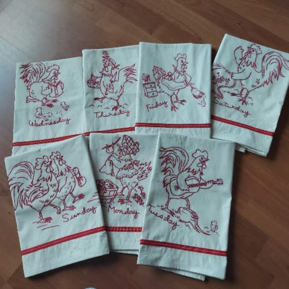 Primitive Farmhouse Rooster Chicken Embroidered Redwork Days of Week Towels